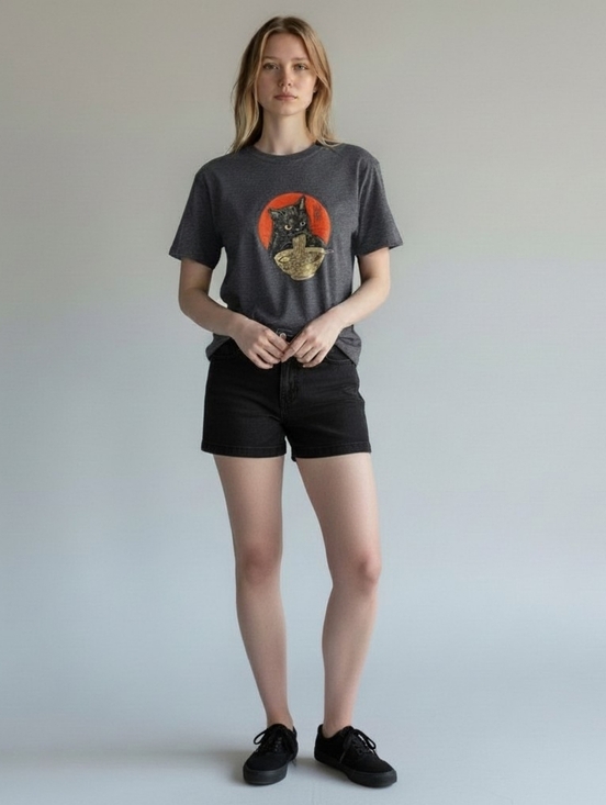 Tops - Cat Graphic T-Shirt - Charcoal with Orange Print